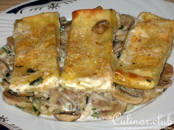 -,    (Cannoli di ricotta su gratin di funghi) 