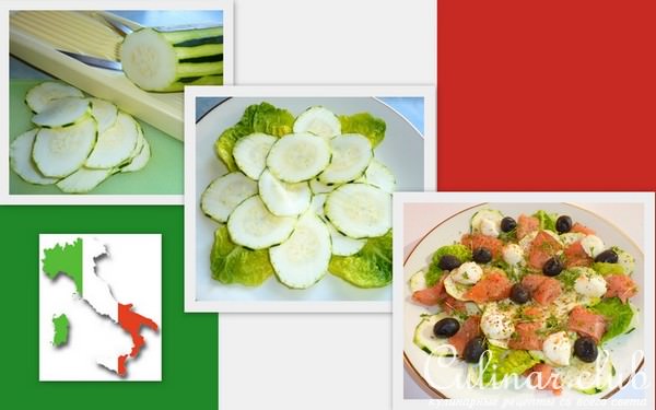        (Insalata di zucchine con olive e salmone) 